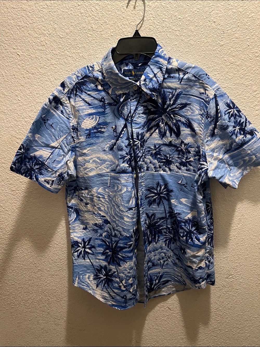 Ralph Lauren Blue White Tropical Palm-Print Short Sleeve Shirt